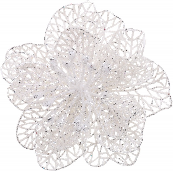 Цветок декоративный новогодняя малая бриллиантовая присыпка 10 см с зажимом