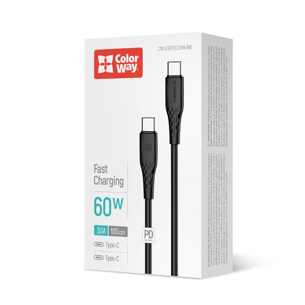 Дата-кабель ColorWay Type-C - Type-C (textured PVC) (PD Fast Charging 60W) 3А 1 м black (CW-CBPDCC094-BK) — фото 1