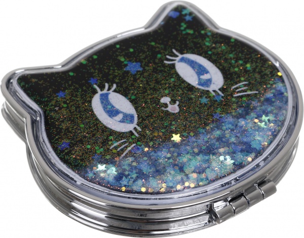 Зеркало карманное косметическое Лідер Канц Котик с сыпучими блестками фигурное 12 вариантов в ассортименте 