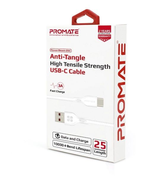 Кабель Promate USB Type-C – USB 0,25 м білий (powerbeam-25c.white) 