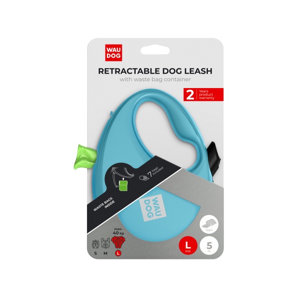 Повідець-рулетка Waudog R-leash із контейнером для пакетів L до 40 кг 5 м блакитний