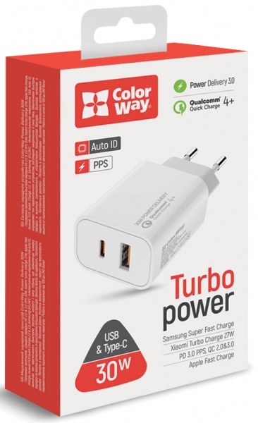 Зарядное устройство ColorWay Power Delivery Port PPS USB (Type-C PD + USB QC3.0) (30W) white (CW-CHS037PD-WT) 