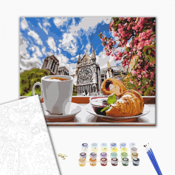 Картина за номерами Кава з круассаном на тлі собору BS34639 40x50 см Brushme 