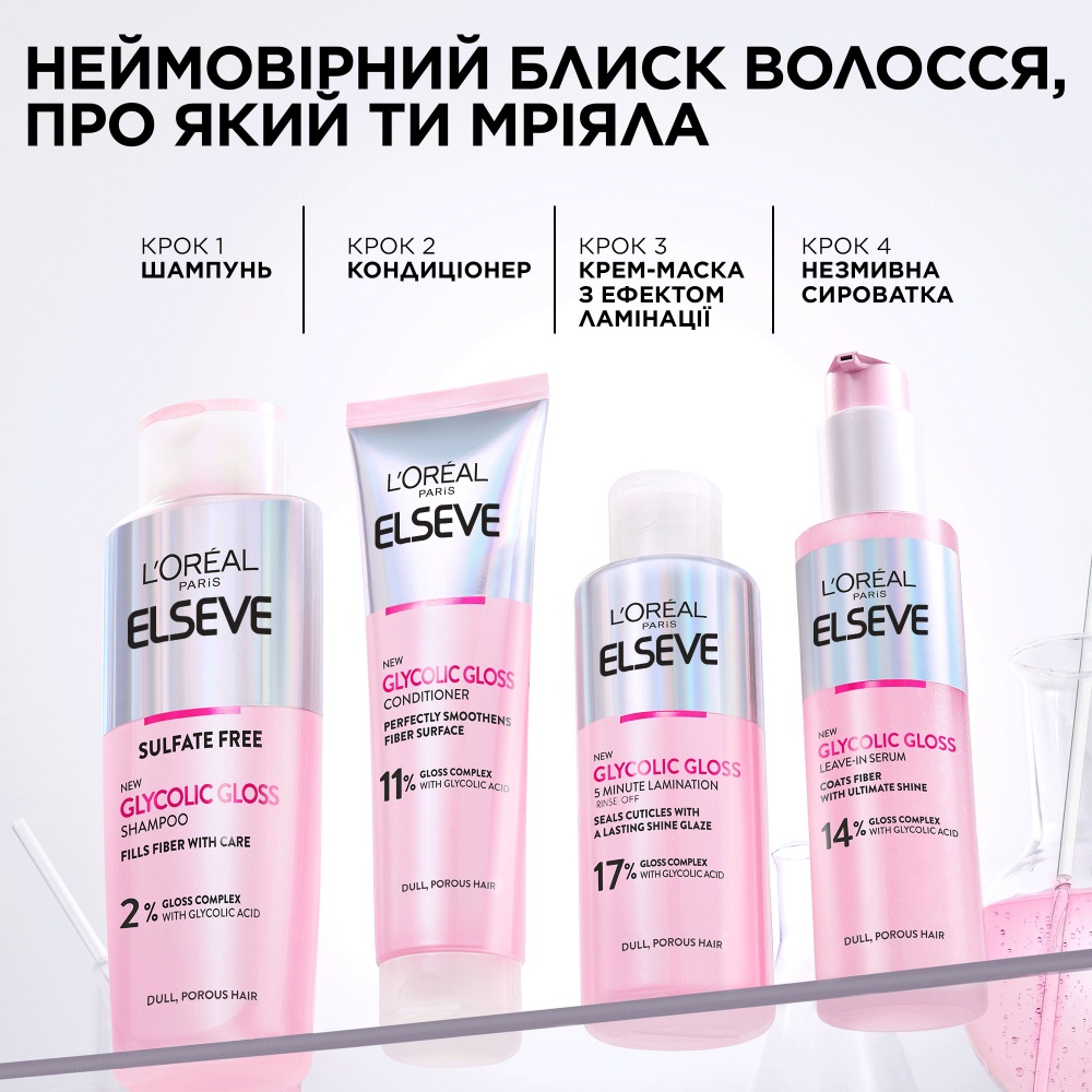 Шампунь Elseve Glycolic Gloss для придания блеска и смягчения волос 200 мл