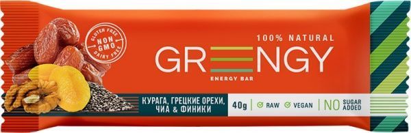 Батончик Greengy ФИНИКИ, КУРАГА, ГРЕЦКИЕ ОРЕХИ И ЧИА 40 г