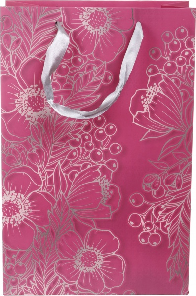 Пакет подарочный LL-1 D-1143 розовый серебряные цветы с лаком глитер.