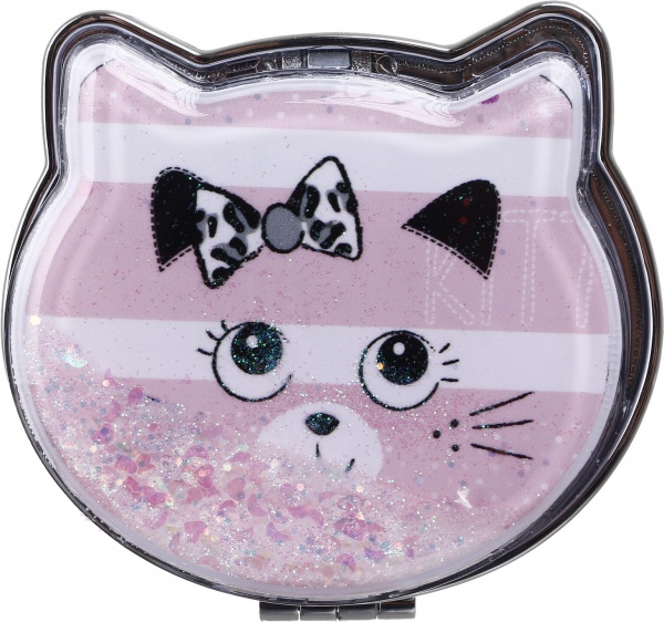 Зеркало карманное косметическое Лідер Канц Котик с сыпучими блестками фигурное 12 вариантов в ассортименте 