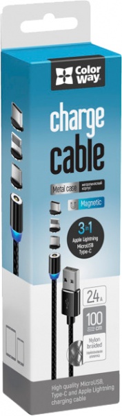 Кабель ColorWay Lightning - USB Type-C 1 м Black (CW-CBUU020-BK) USB - 3B1 Magnetic 2.4A 
