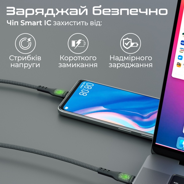 Кабель Promate TransLine-CC USB-C to USB-C 60W Power Delivery 1,2 м чорний (transline-cc.black) 
