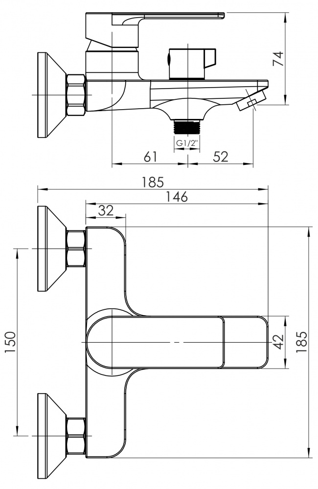 Смеситель для ванны RJ ARA, с душевым гарнитуром, хром