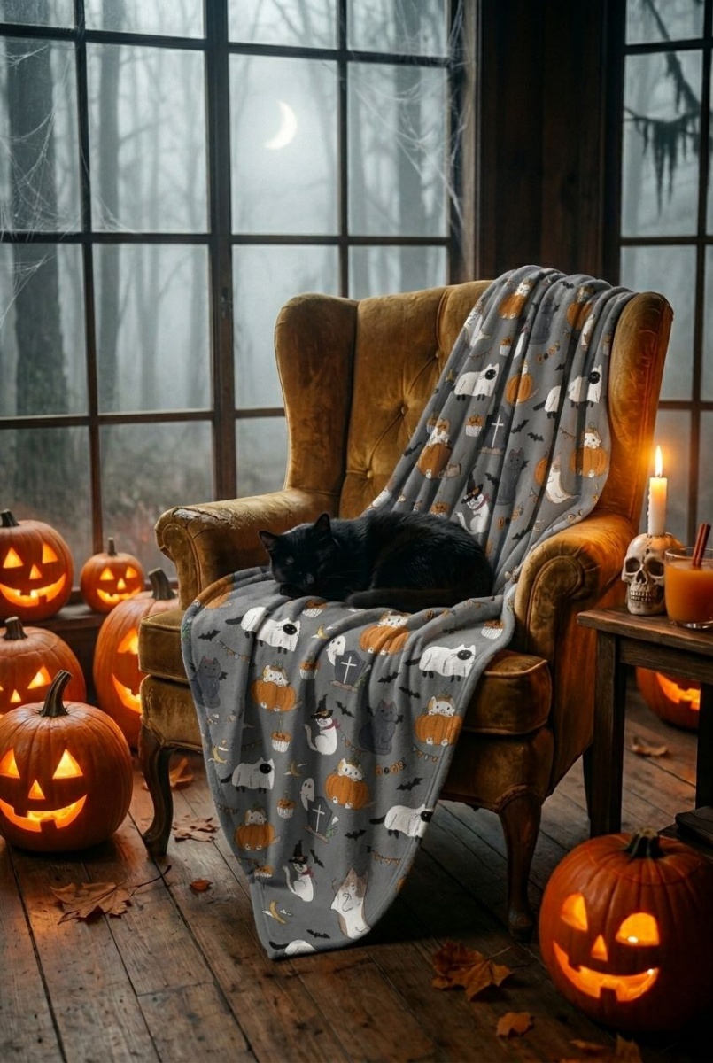 Плед Halloween Cats 160x200 см сірий із принтом La Nuit — фото 1