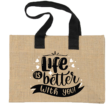 Сумка Life is better для подарков джутовая M ТК-СУМКА 25x35x12 мм черный / белый