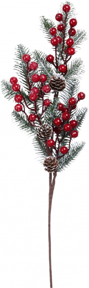 Веточка декоративная забеленная с красными ягодами и шишками 55 см