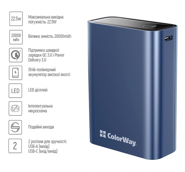 Универсальная мобильная батарея ColorWay 20000 mAh blue (CW-PB200LPG2BL-PDD) 