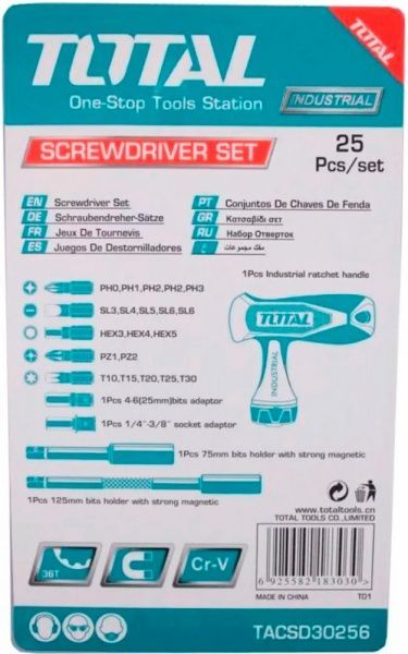 Отвертка со сменными насадками Total с Т-образной рукояткой 25 предметов × TACSD30256
