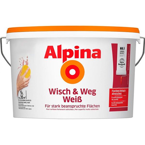 Краска интерьерная водоэмульсионная Alpina Wisch & Weg WeiB мат белый 5л 