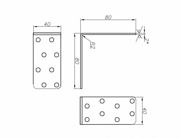 Кутник перфорований Сталевий характер рівносторонній 80x80x40 мм 2 мм (1шт.)
