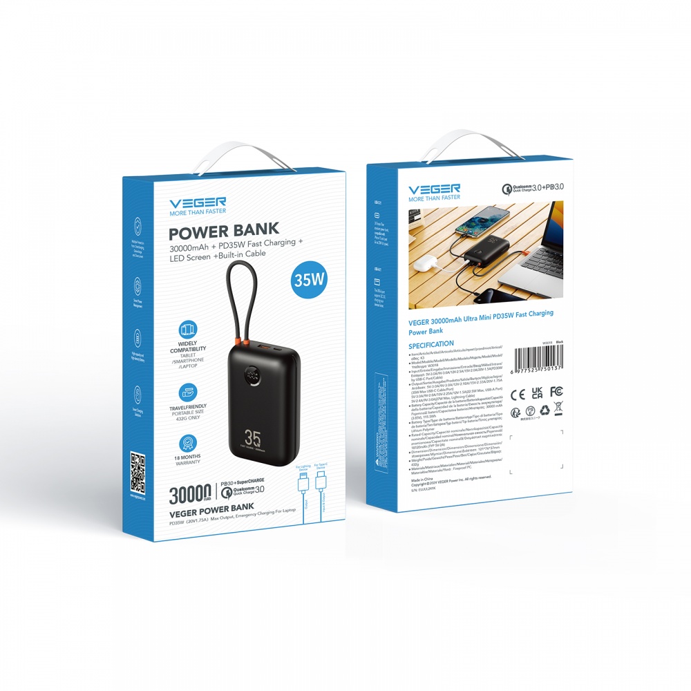 Повербанк VEGER W3018 30000 mAh black (W3018.black)