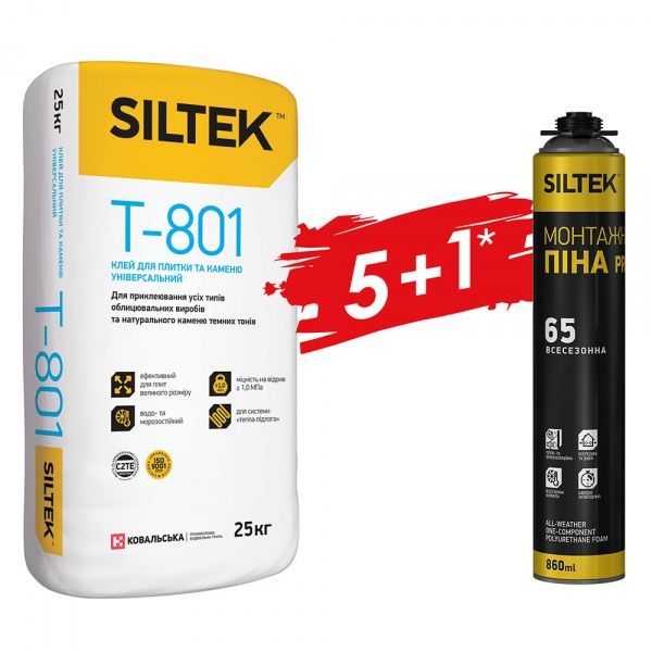 Комплект Siltek клей для плитки Т 801 + монтажна піна 860 мл 25кг