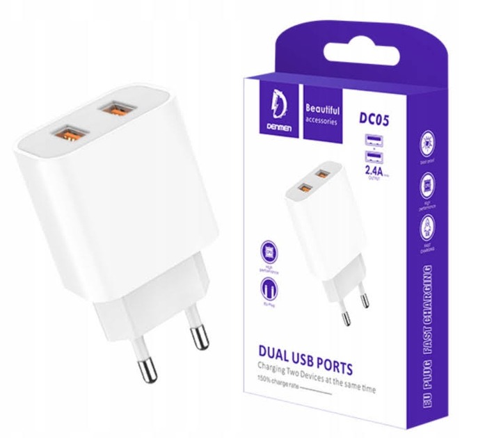 Сетевое зарядное устройство Denmen DC05 2xUSB Type-A 2.4A White (6973224871944)