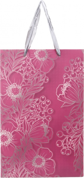 Пакет подарочный LL-1 D-1143 розовый серебряные цветы с лаком глитер.