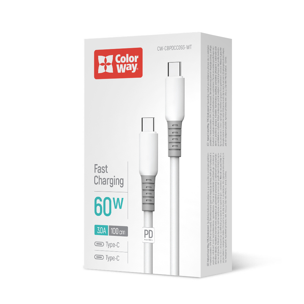 Дата-кабель ColorWay Type-C - Type-C (liquid silicone) (PD Fast Charging 60W) 3А 1 м white (CW-CBPDCC093-WT) — фото 1