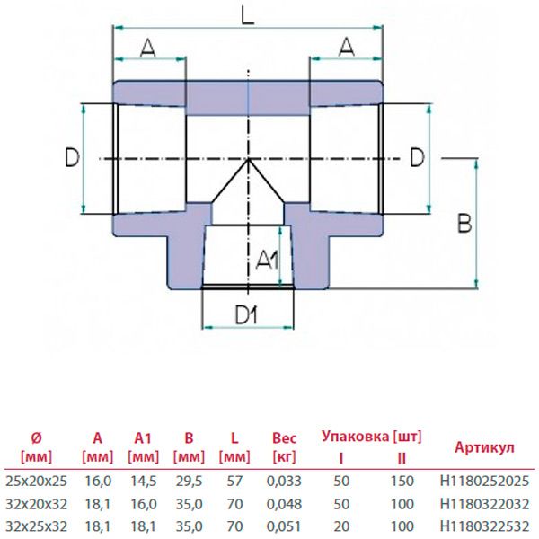 Трійник перехідний Hi-Therm для ПП труб 32x25x32 мм