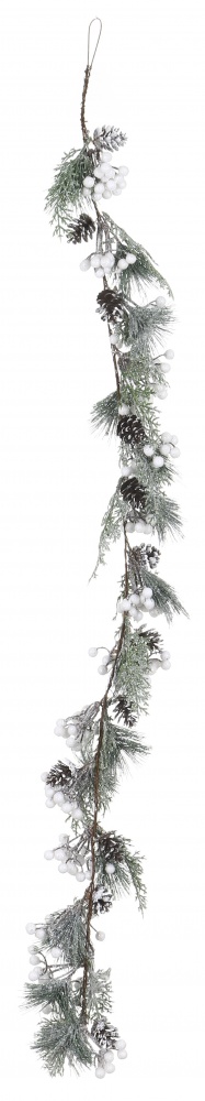 Декорація новорічна гірлянда хвойна з білими ягодами та шишками 122 см RS1T1078