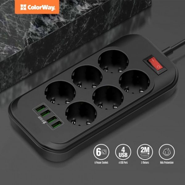 Мережевий фільтр ColorWay 6 гн. чорний 2 м CW-CHE64B 