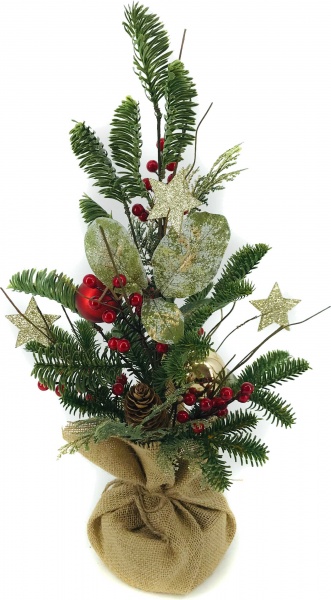 Искусственная елкас хвоей, шариками и ягодами 50 см красный/золотой 