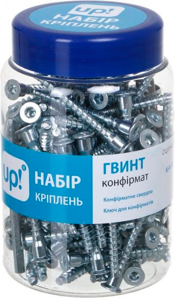 Набір гвинт конфірматний 6,4х50 - 100шт., конфірматне свердло 6,4х50 - 1шт., ключ для конфірмату - 1шт.