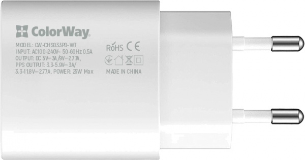Мережевий зарядний пристрій ColorWay Power Delivery Port PPS USB Type-C (25W) білий (CW-CHS033PD-WT) 