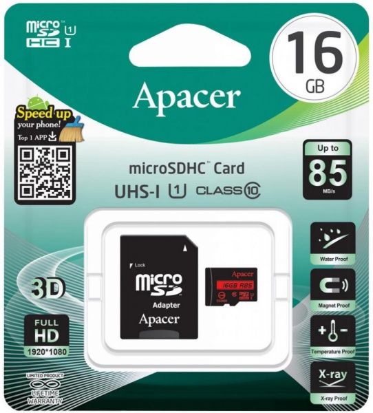 Карта памяти Apacer microSDHC 16 ГБ UHS Speed Class 1 (U1)Class 10 (AP16GMCSH10U5-R) AP16GMCSH10U5-R 