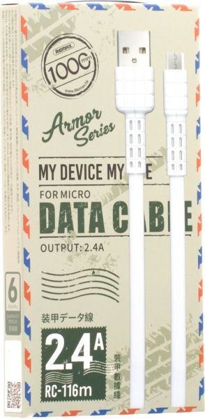 Кабель USB – microUSB 1 м білий (RC-116M-WHITE) Armor Series MicroUSB Data/Charge 