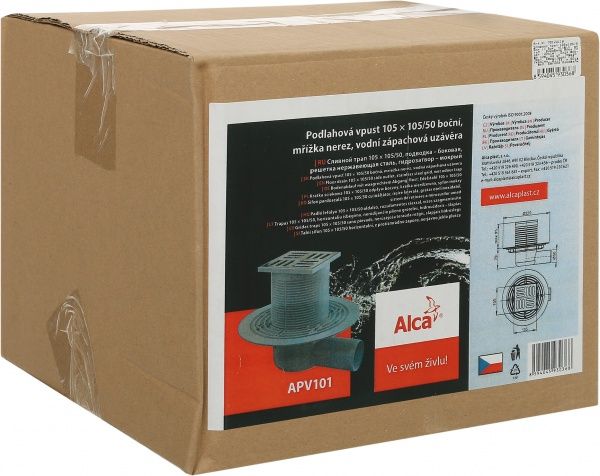 Душевой трап Alca Plast рап 105x105/50мм с боковым подводом, решетка из н.ж стали, гидрозатвор мокрый