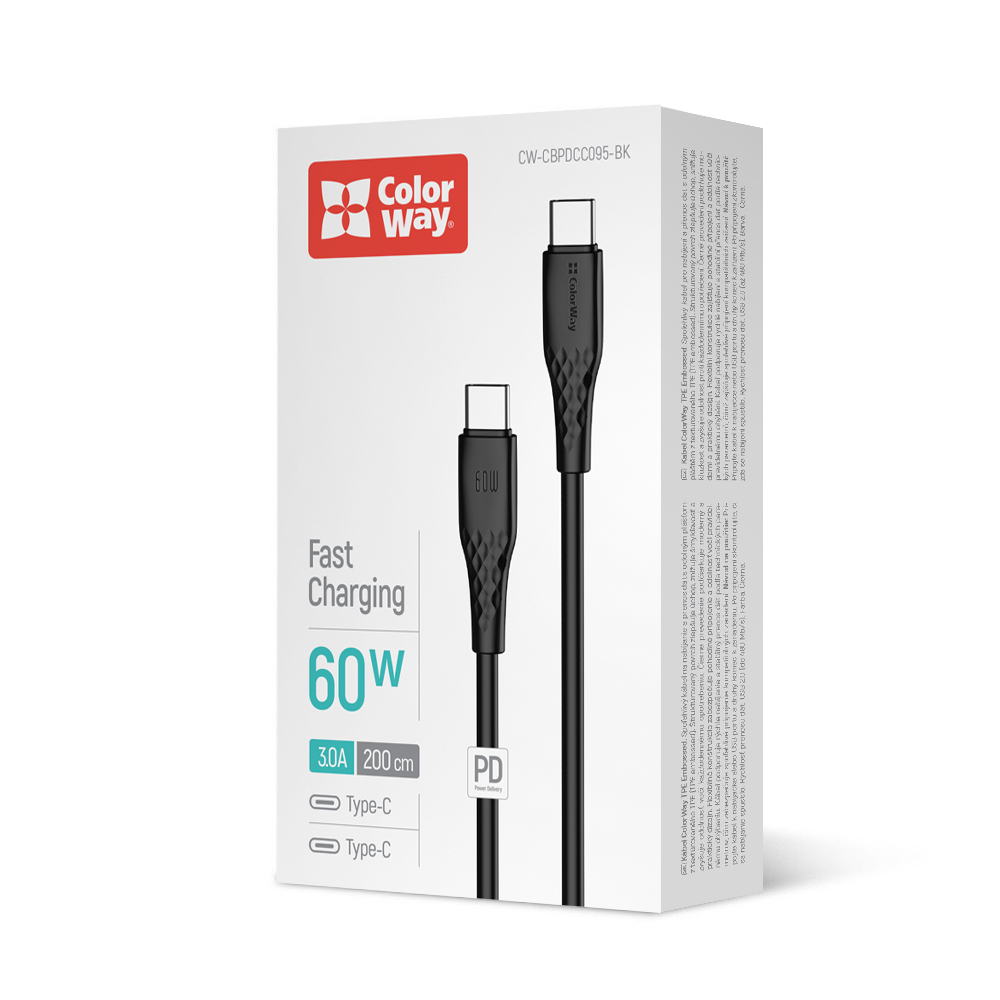 Дата-кабель ColorWay Type-C - Type-C (textured PVC) (PD Fast Charging 60W) 3А 1 м black (CW-CBPDCC095-BK) — фото 1