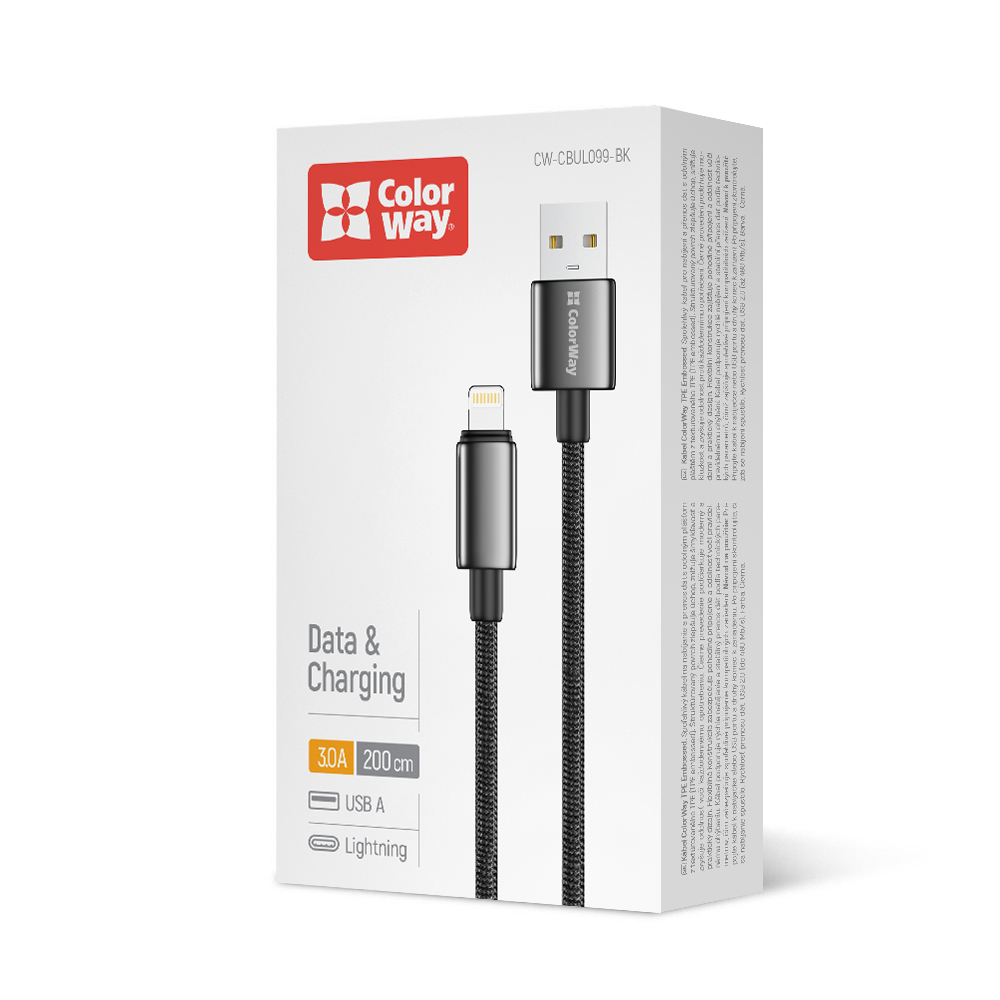 Дата-кабель ColorWay USB - Apple Lightning (zinc alloy braided) 3А 2 м black (CW-CBUL099-BK) — фото 1