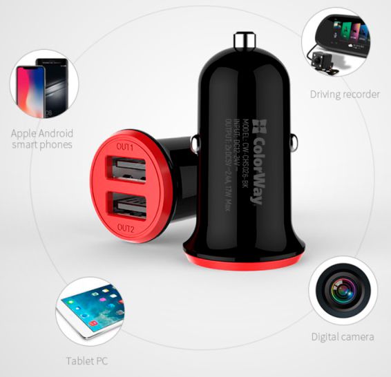 Автомобильное зарядное устройство ColorWay 2USB AUTO ID 3.4A (CW-CHA026-BK) 