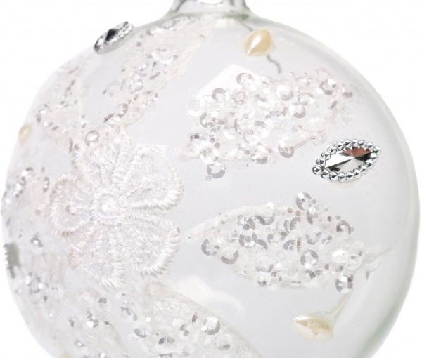 Куля новорічна з квіткою із камінчиків 80 мм біло-срібний