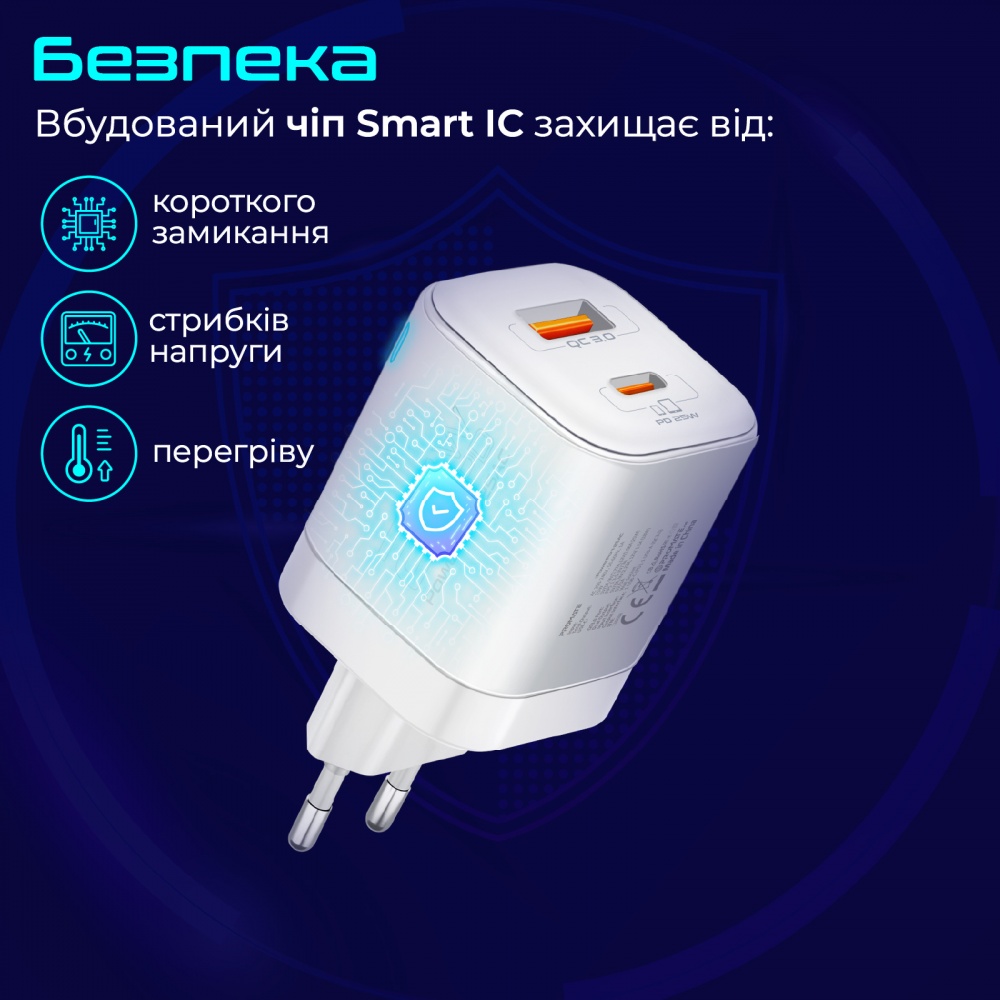 Сетевое зарядное устройство Promate 25W PD USB-A USB-C белый (powerport-25ac.white)