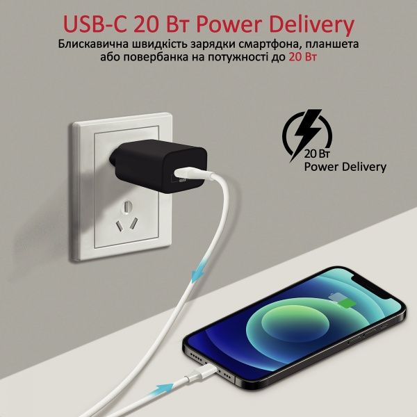Зарядное устройство Promate PowerPort-20PD 20Вт USB Type-C PD Black 