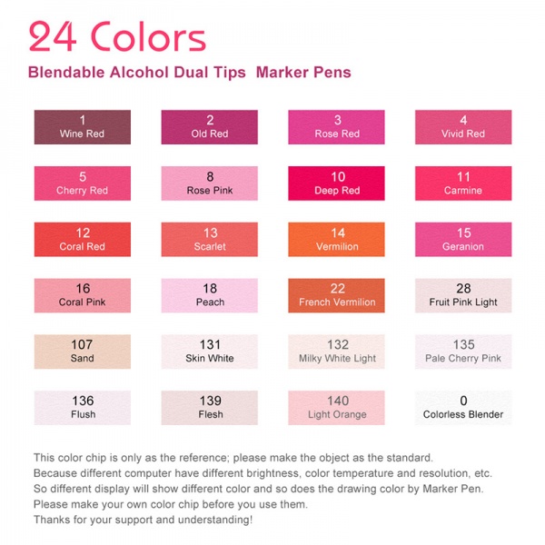 Набор маркеров Arrtx спиртовых Alp ASM-02RD 24 цвета красные оттенки LC302253 