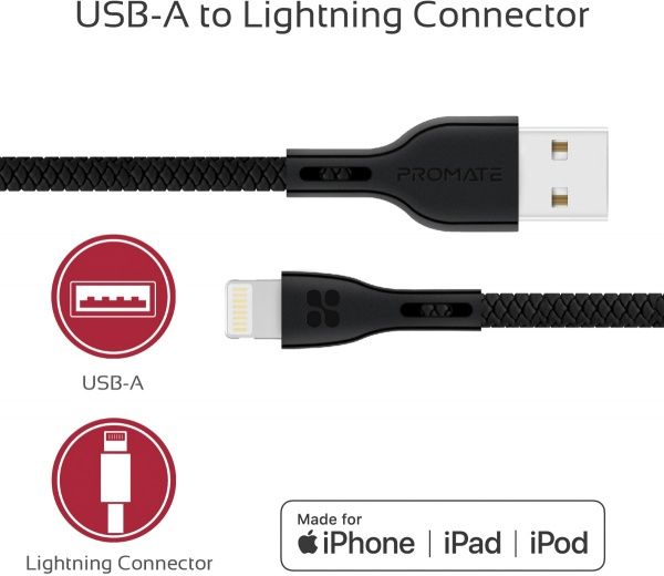Кабель Promate Lightning – USB 1,2 м чорний (powerbeam-i.black) 