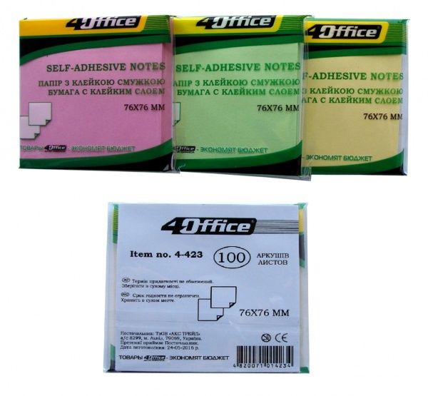 Бумага для заметок с липким слоем 76х76 мм 100 лист. цвет в ассортименте 4-423 4Office