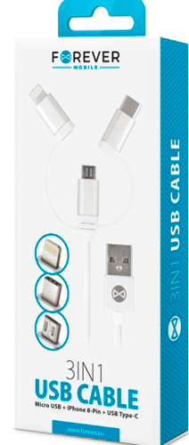 Кабель Forever 3в1 USB - Lightning + USB-C + microUSB з адаптерами 1 м білий (5900495620224) 