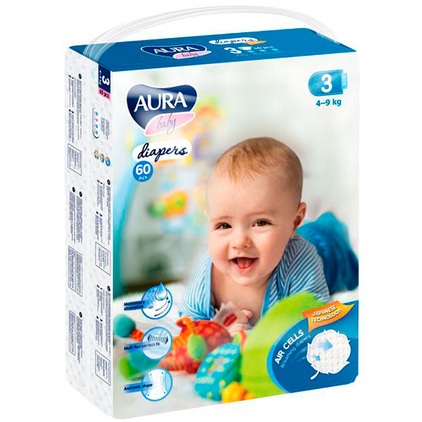 Підгузки Aura 3 4-9 кг 60 шт.