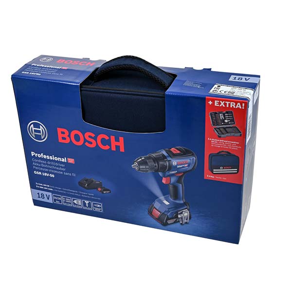 Шуруповерт аккумуляторный Bosch Professional GSR 18V-50 с набором принадлежностей 43 пр. 06019H5004