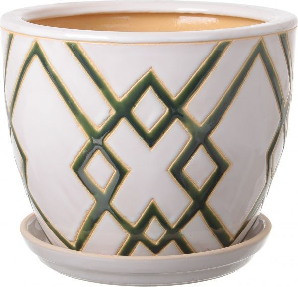 Горщик Viet Thanh Ceramic з блюдцем ромб 29х23 см VT.10796-1 круглий білий із зеленим 