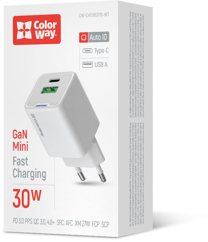 Сетевое зарядное устройство ColorWay GaN Mini 30W PD USB (Type-C PD + USB QC4.0) white