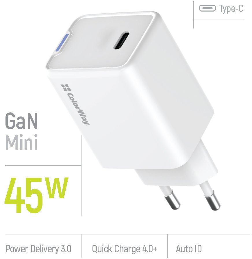 Сетевое зарядное устройство ColorWay GaN Mini 45W PD Port PPS USB-C белый (CW-CHS057PD-WT)